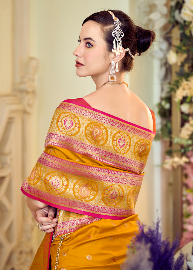 Minakari Paithani,Pure Soft Banarasi Silk Saree (Yellow)
