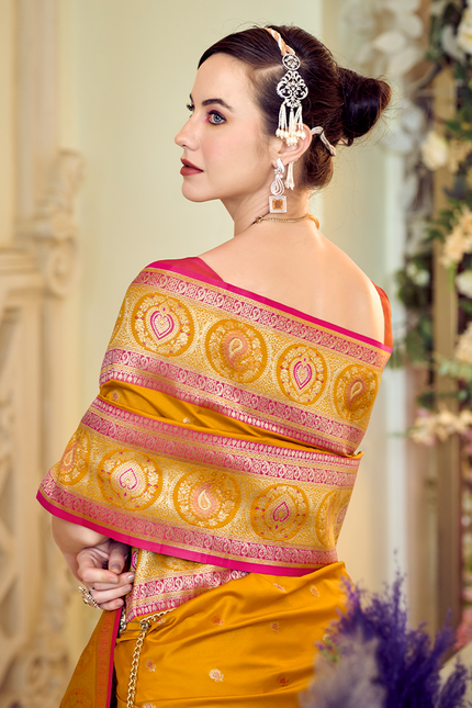 Minakari Paithani,Pure Soft Banarasi Silk Saree (Yellow)