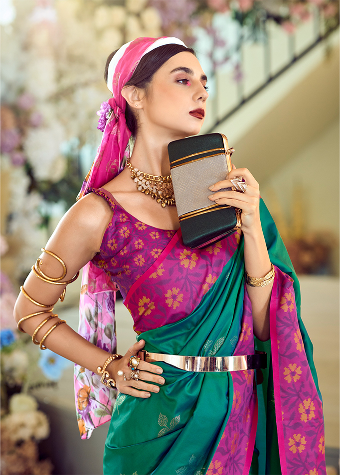 Ikkat Border, Soft silk Contrast pallu Saree (Teal Green)