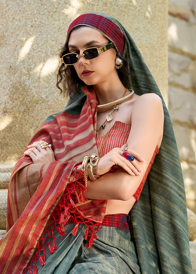 Handloom Katan Saree (Olive Green)