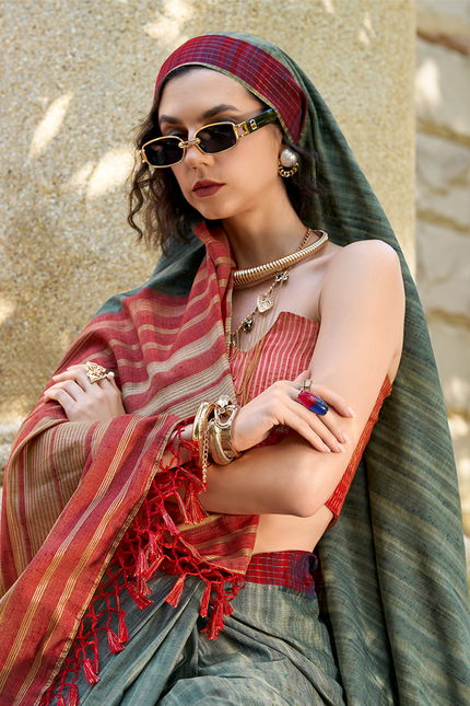 Handloom Katan Saree (Olive Green)