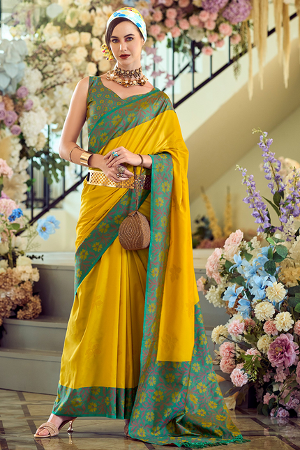 Ikkat Border, Soft silk Contrast pallu Saree (Yellow)