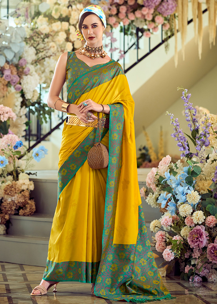 Ikkat Border, Soft silk Contrast pallu Saree (Yellow)
