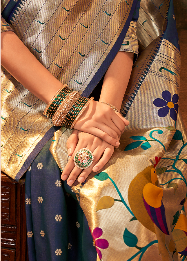 Pure Paithani Silk,Weaving Saree (Blue)