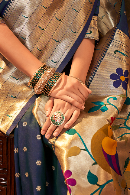 Pure Paithani Silk,Weaving Saree (Blue)