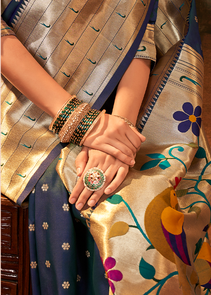Pure Paithani Silk,Weaving Saree (Blue)