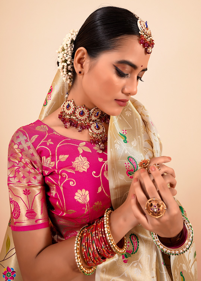 Paithani Silk Saree With Contrast Blouse (Cream)