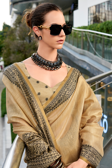 Linen Tissue,Gala Border Saree (Chiku)