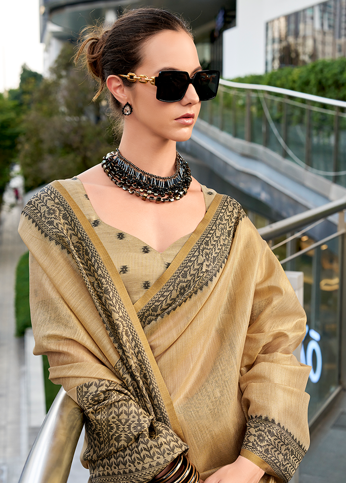 Linen Tissue, Gala Border Saree (Chiku)