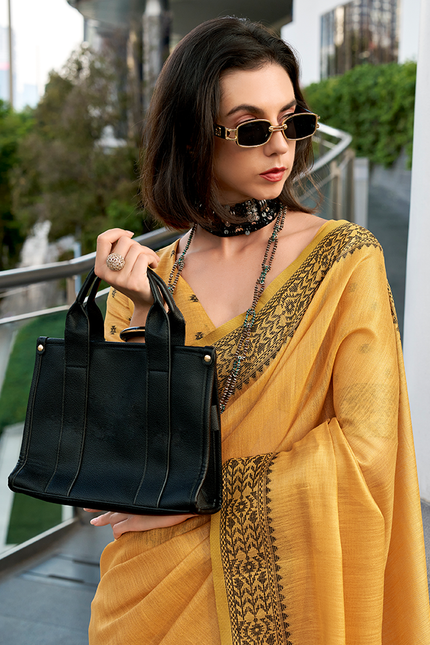 Linen Tissue,Gala Border Saree (Mustard)