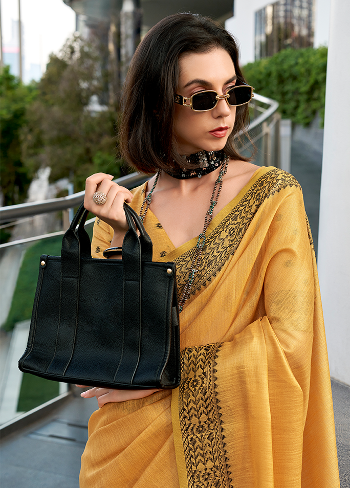 Linen Tissue, Gala Border Saree (Mustard)