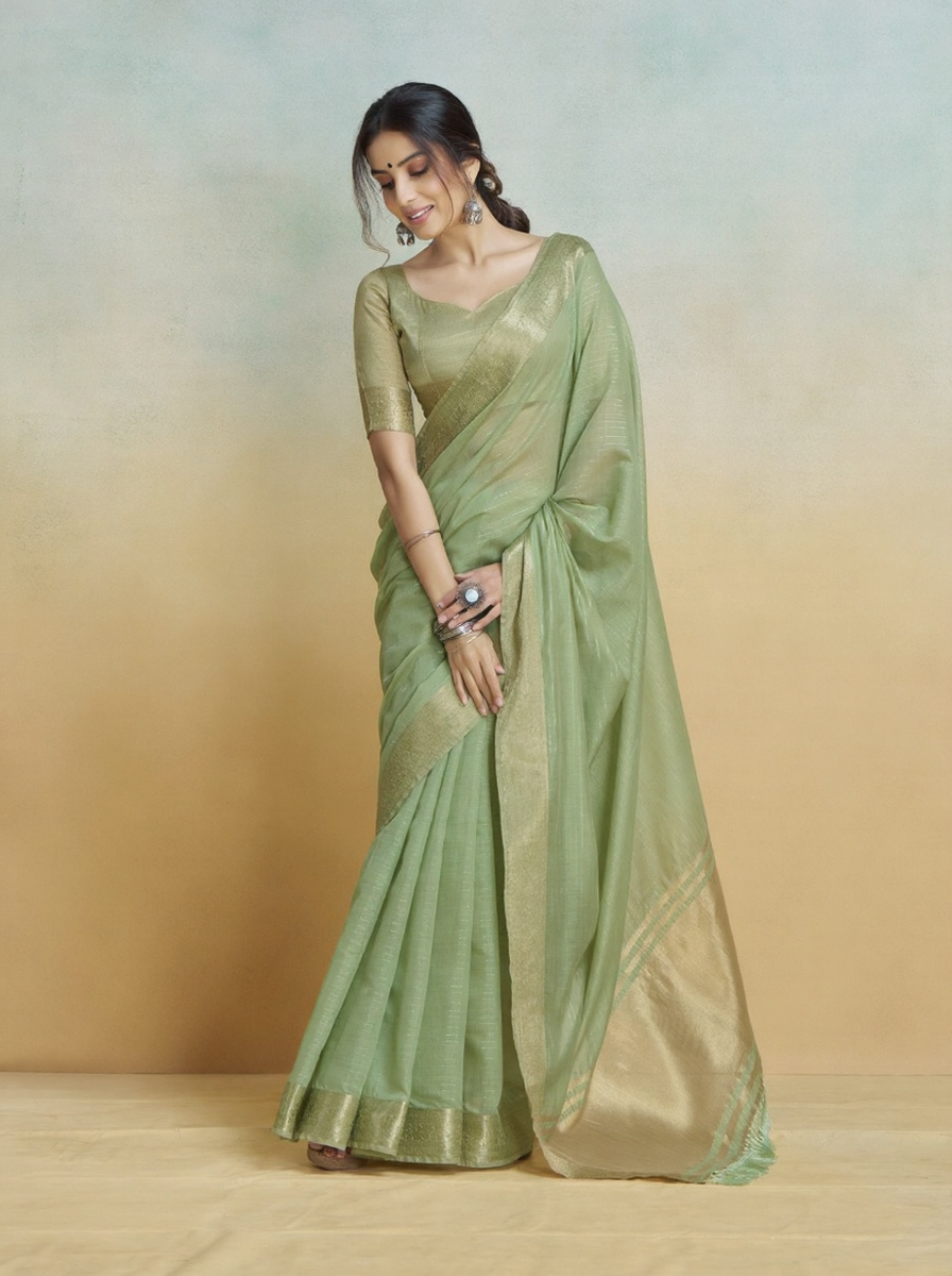 Banarasi Border, Pure Handloom Khadi Silk With Chit Pallu & Tassels (Pista Green)