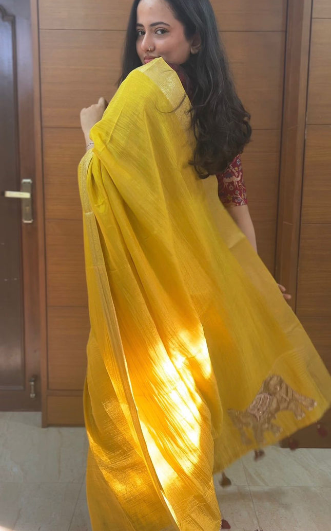 Moonlit Sage Tissue Organza Saree (Yellow)