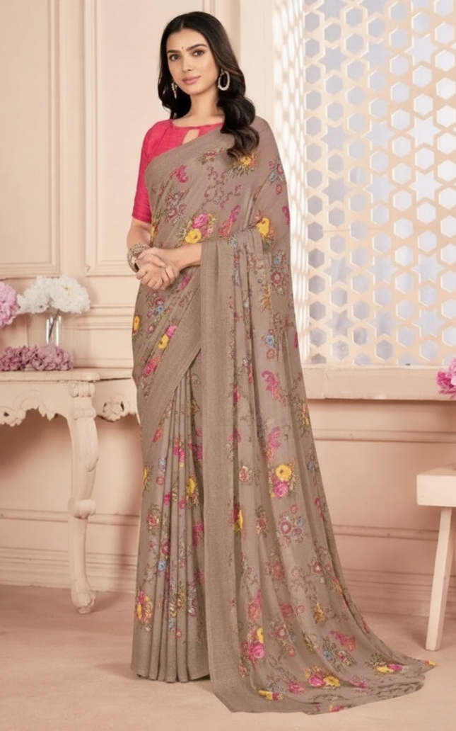 Floral Print, Graphic Print Kalamkari Chiffon, Georgette Saree (Brown)