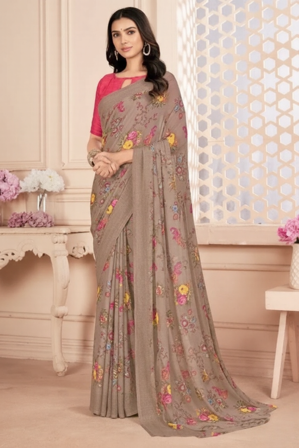 Floral Print, Graphic Print Kalamkari Chiffon, Georgette Saree (Brown)