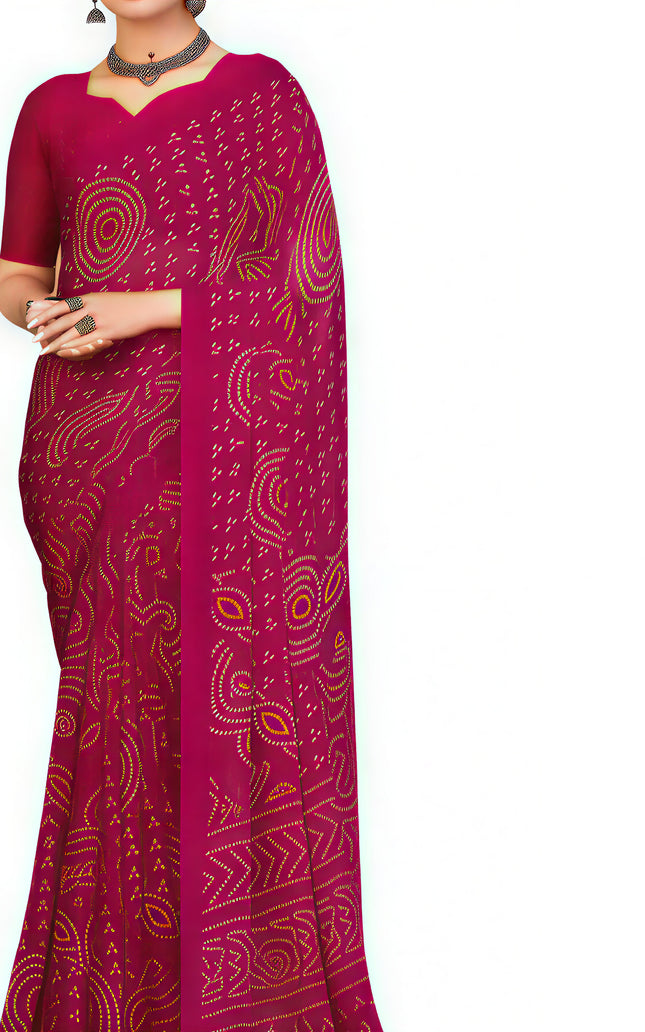 Graphic Print, Printed Bandhani Chiffon, Georgette Saree (Pink)