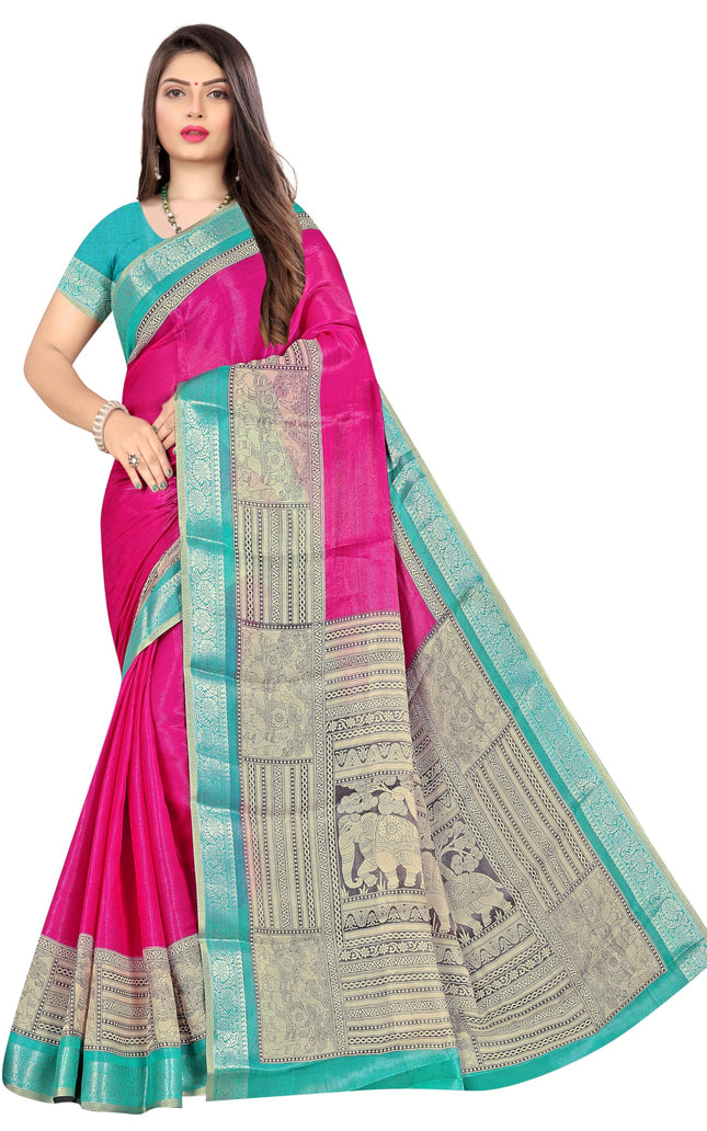 Women's Cotton Silk Plain Saree Having Contrast Weaving Zari Border with Blouse Piece, Saree