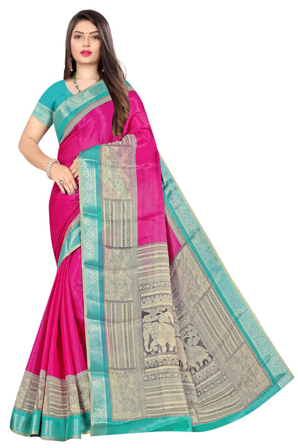Women's Cotton Silk Plain Saree Having Contrast Weaving Zari Border with Blouse Piece, Saree
