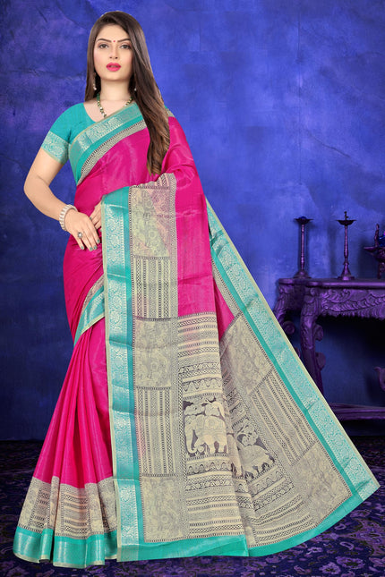 Women's Cotton Silk Plain Saree Having Contrast Weaving Zari Border with Blouse Piece, Saree