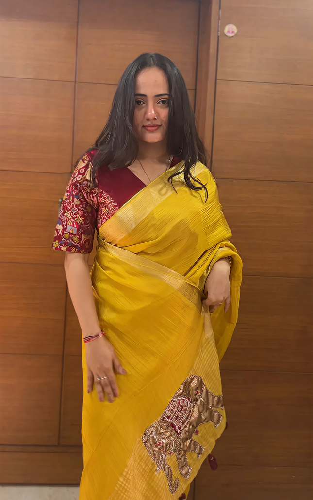 Moonlit Sage Tissue Organza Saree (Yellow)