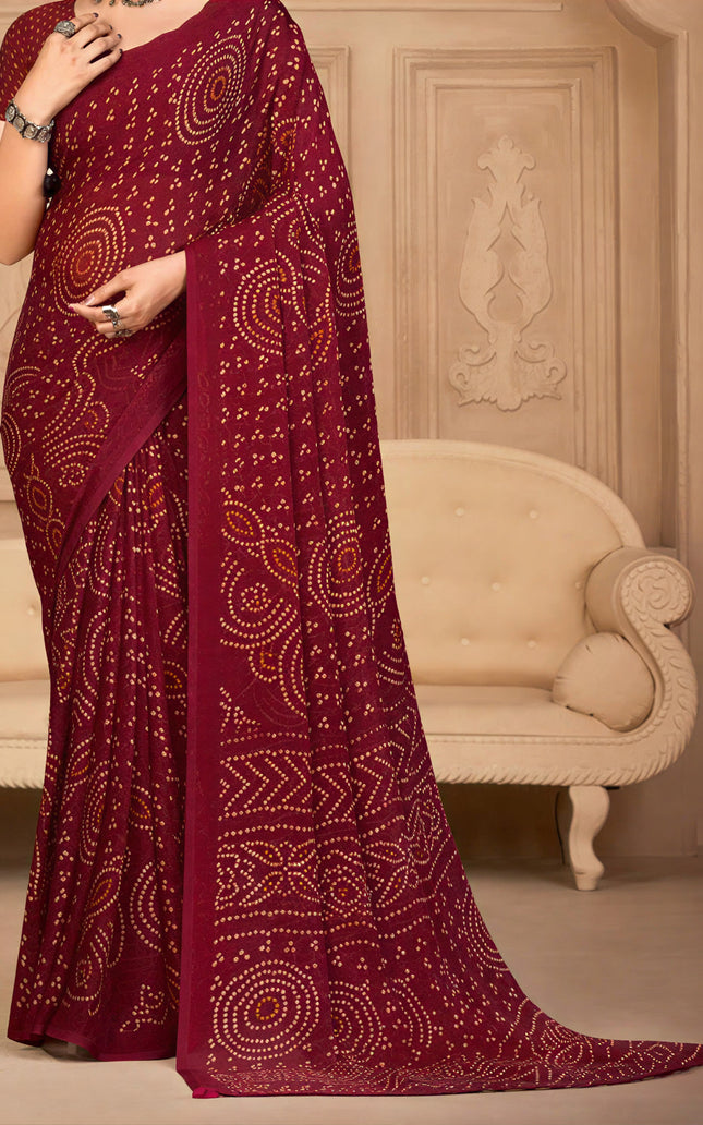 Graphic Print, Printed Bandhani Chiffon, Georgette Saree (Maroon)