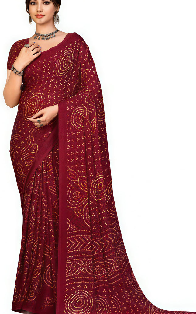 Graphic Print, Printed Bandhani Chiffon, Georgette Saree (Maroon)