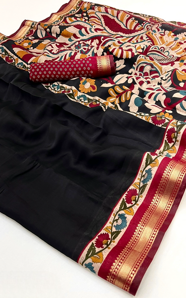 Soft Mul Cotton Kalamkari Pallu Saree with Zari Border (Black)