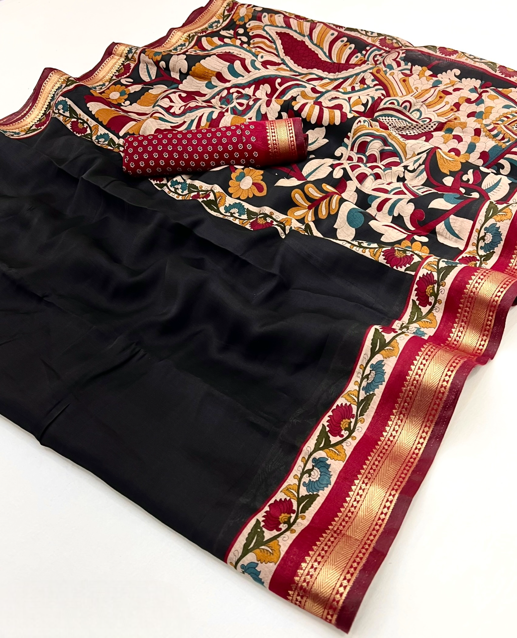Soft Mul Cotton Kalamkari Pallu Saree with Zari Border (Black)