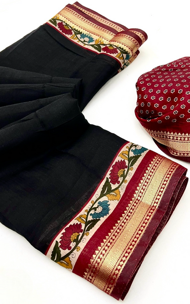 Soft Mul Cotton Kalamkari Pallu Saree with Zari Border (Black)