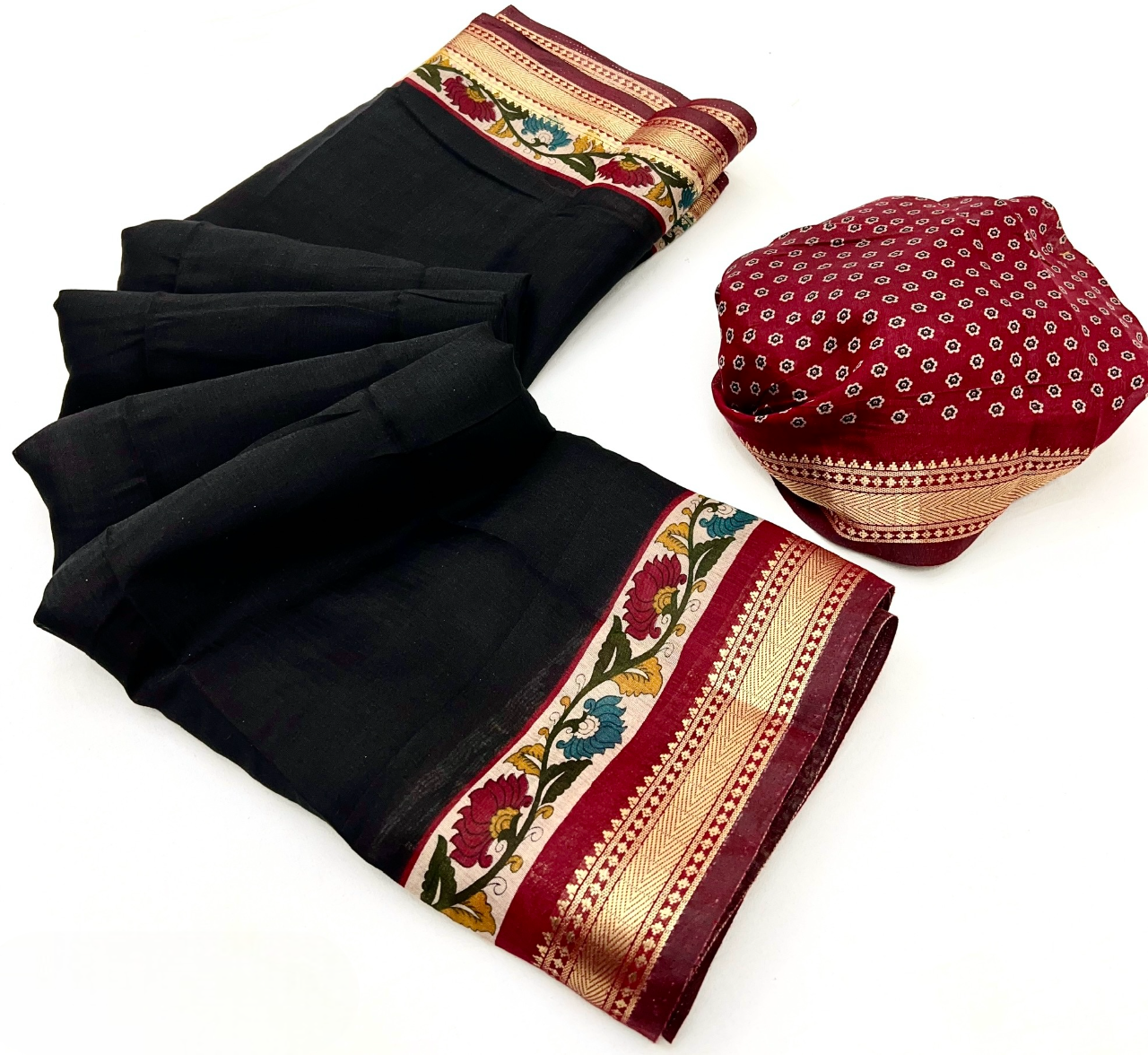 Soft Mul Cotton Kalamkari Pallu Saree with Zari Border (Black)