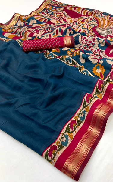 Soft Mul Cotton Kalamkari Pallu Saree with Zari Border (Teal Blue)