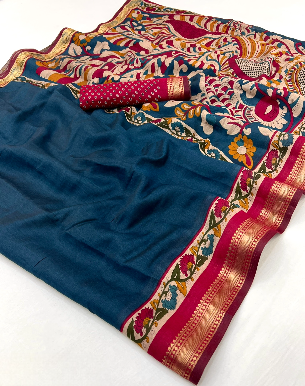 Soft Mul Cotton Kalamkari Pallu Saree with Zari Border (Teal Blue)