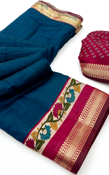 Soft Mul Cotton Kalamkari Pallu Saree with Zari Border (Teal Blue)