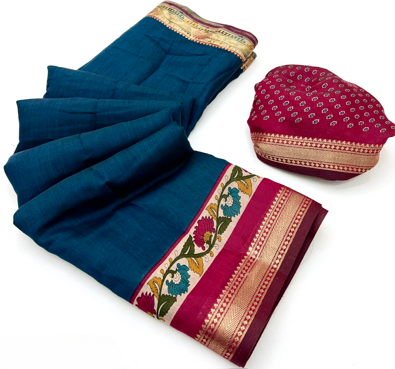 Soft Mul Cotton Kalamkari Pallu Saree with Zari Border (Teal Blue)