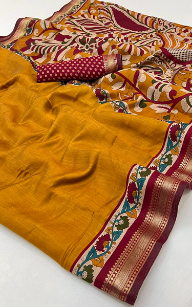 Soft Mul Cotton Kalamkari Pallu Saree with Zari Border (Yellow)
