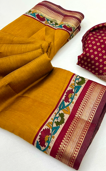 Soft Mul Cotton Kalamkari Pallu Saree with Zari Border (Yellow)