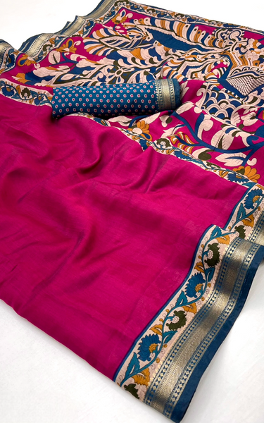 Soft Mul Cotton Kalamkari Pallu Saree with Zari Border (Pink)