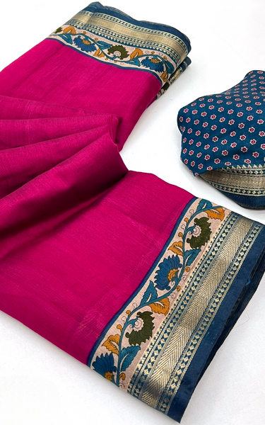Soft Mul Cotton Kalamkari Pallu Saree with Zari Border (Pink)