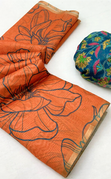 Kalamkari Printed Chanderi Linen Saree with Weaving Border (Orange)