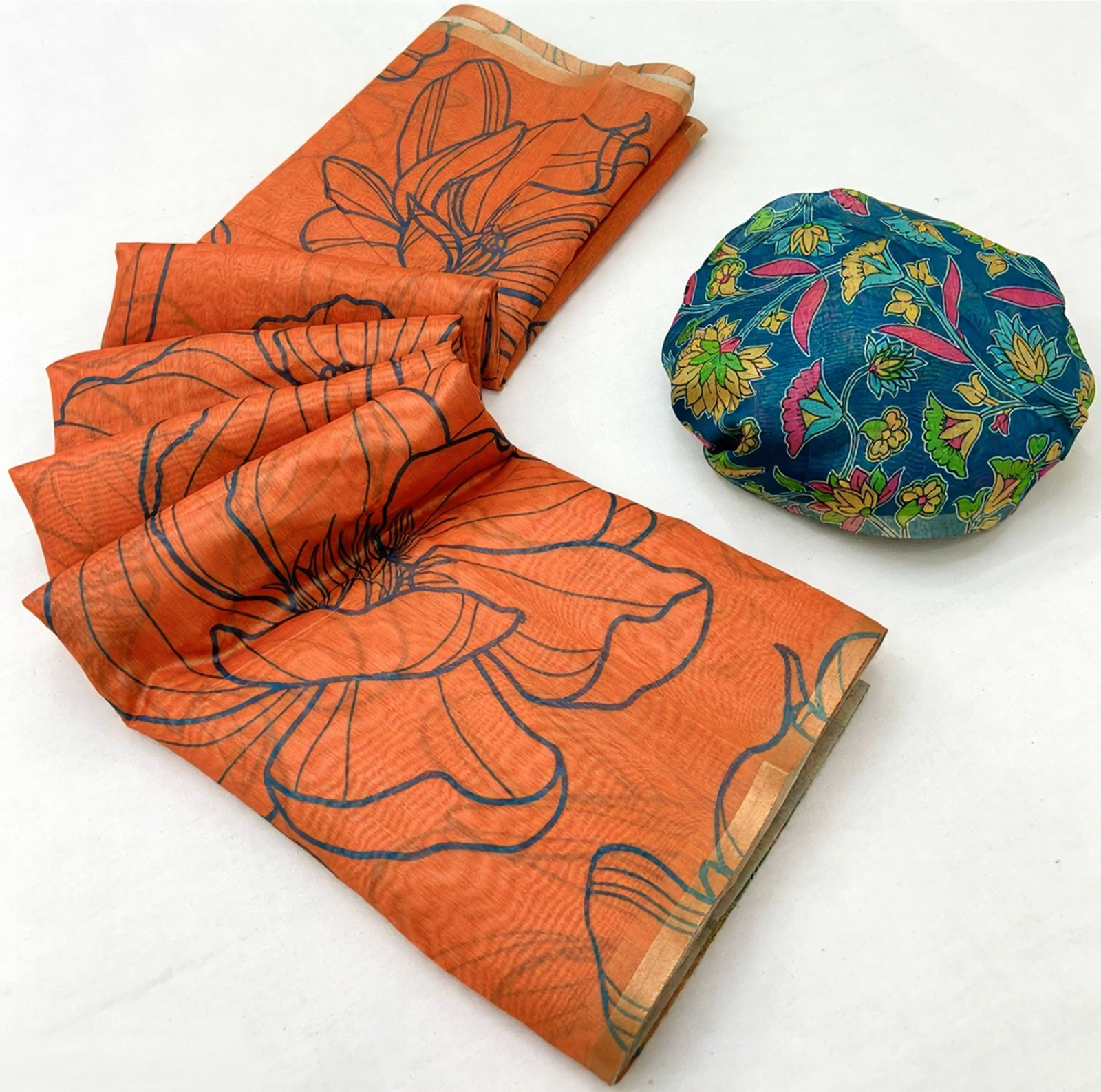 Kalamkari Printed Chanderi Linen Saree with Weaving Border (Orange)