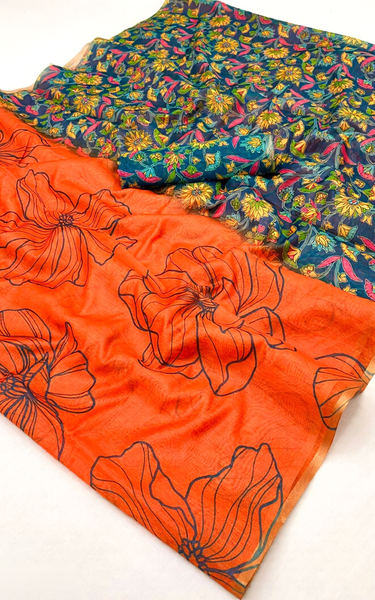 Kalamkari Printed Chanderi Linen Saree with Weaving Border (Orange)