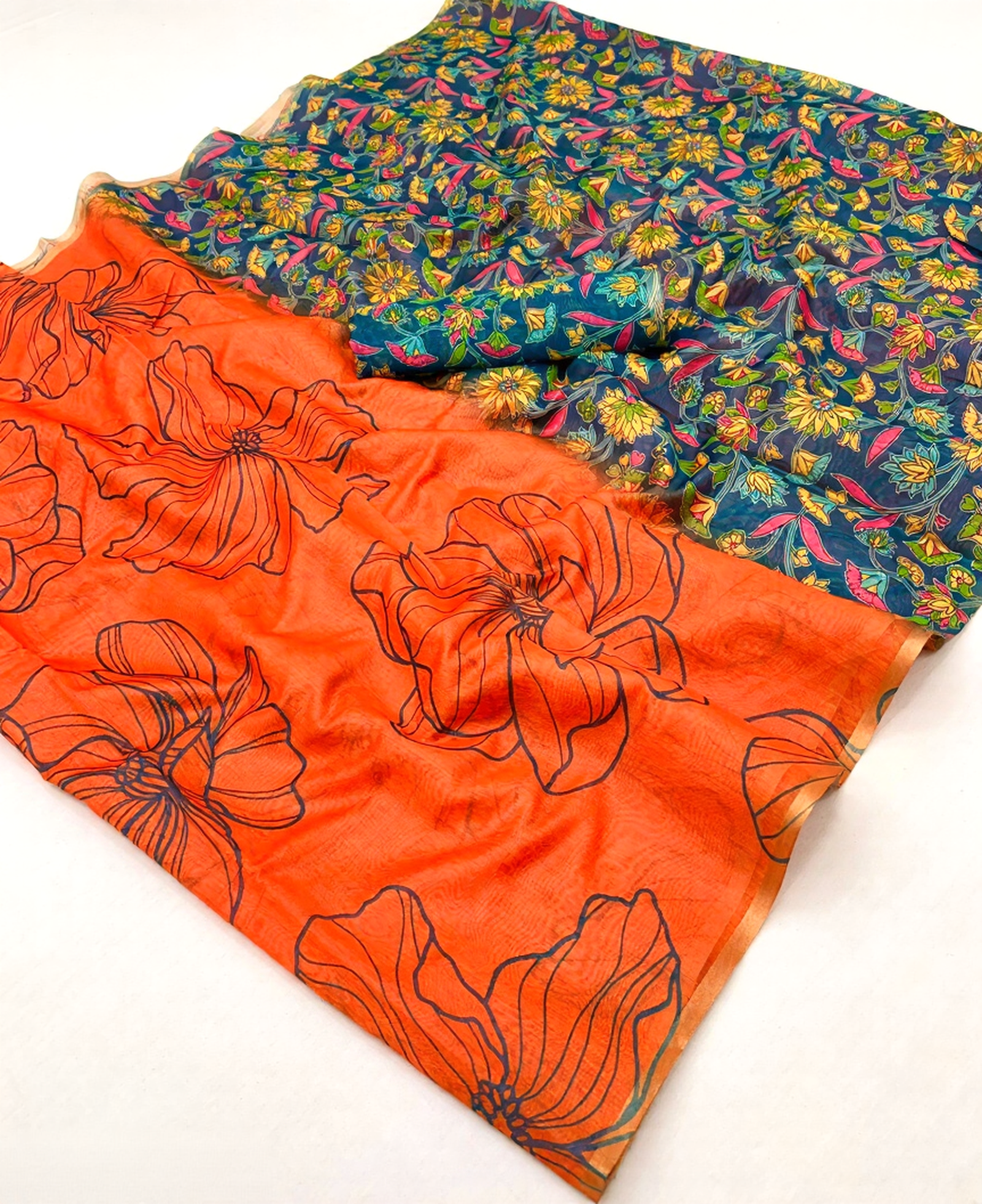 Kalamkari Printed Chanderi Linen Saree with Weaving Border (Orange)