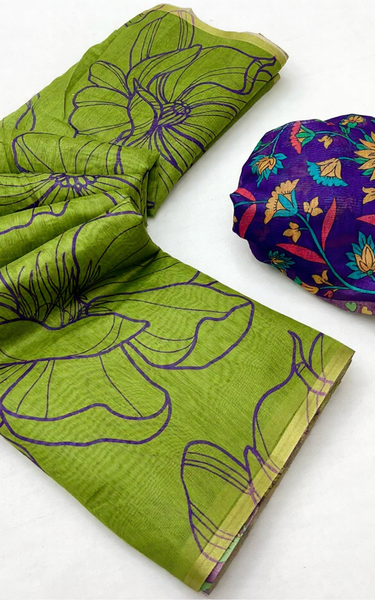 Kalamkari Printed Chanderi Linen Saree with Weaving Border (Green)