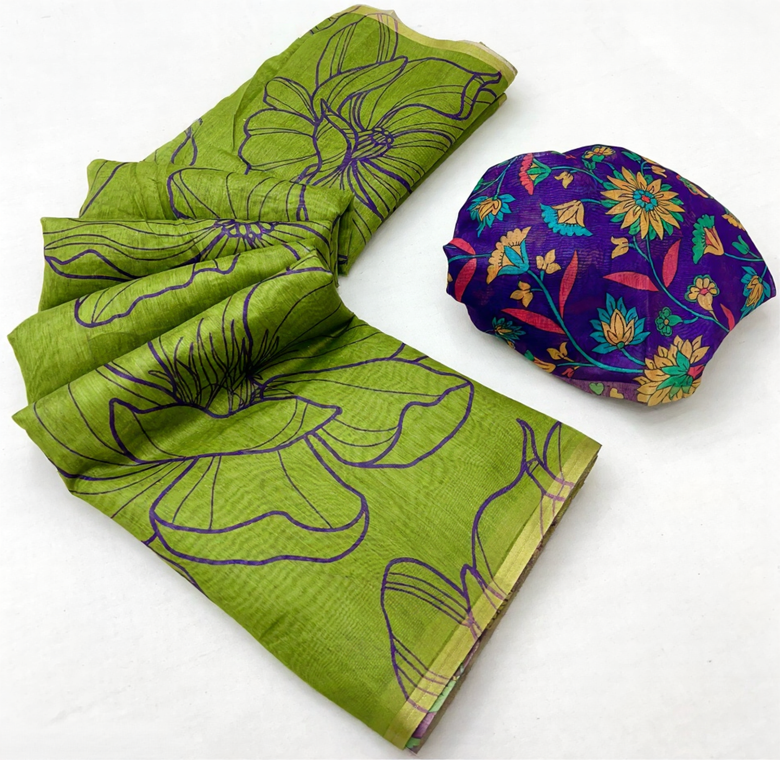 Kalamkari Printed Chanderi Linen Saree with Weaving Border (Green)