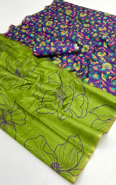 Kalamkari Printed Chanderi Linen Saree with Weaving Border (Green)