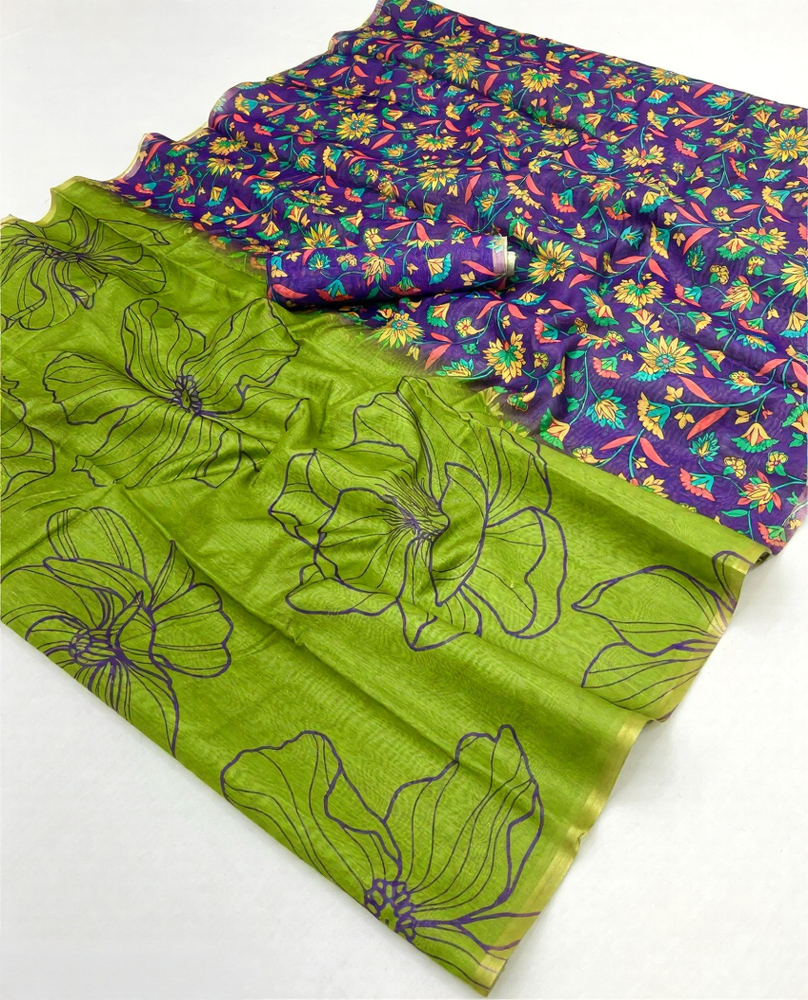 Kalamkari Printed Chanderi Linen Saree with Weaving Border (Green)