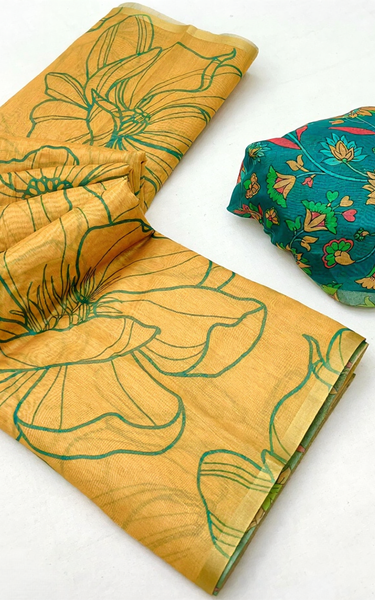 Kalamkari Printed Chanderi Linen Saree with Weaving Border (Yellow)