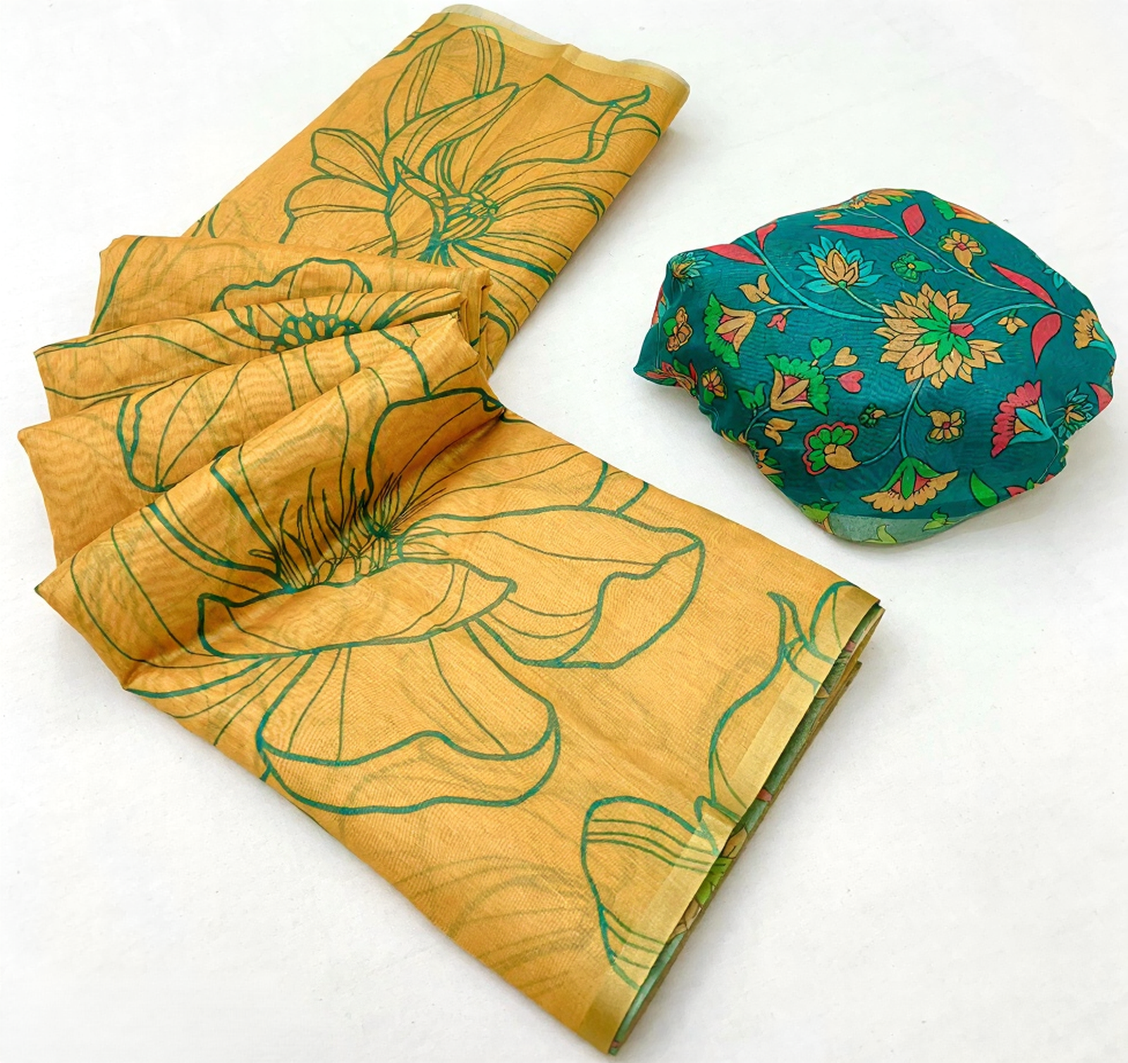 Kalamkari Printed Chanderi Linen Saree with Weaving Border (Yellow)