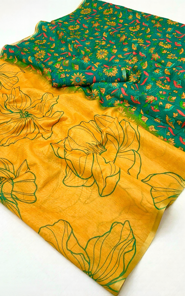 Kalamkari Printed Chanderi Linen Saree with Weaving Border (Yellow)