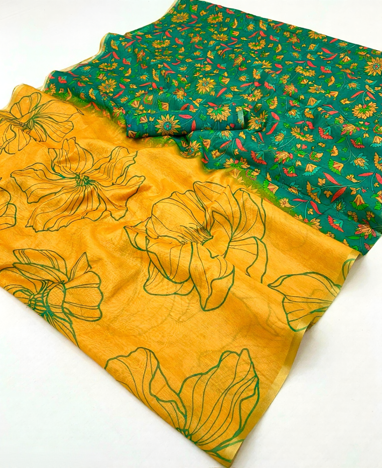 Kalamkari Printed Chanderi Linen Saree with Weaving Border (Yellow)